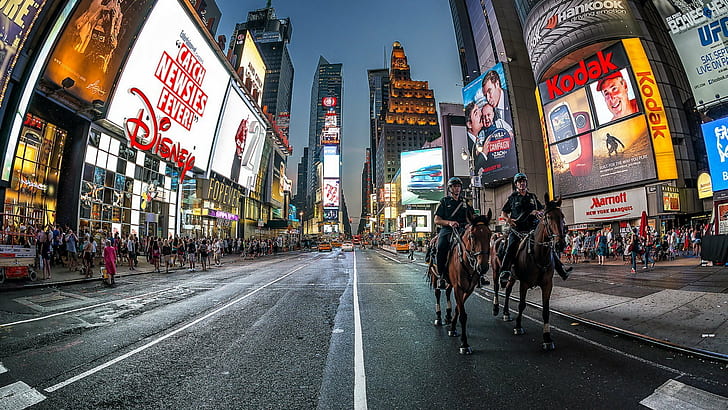 New York Times Square City Street Road Police Patrol Horseback Riding Night Lights People Skyscrapers Hdr Wallpaper 1920×1080, HD wallpaper