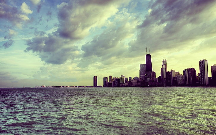 бели градски сгради, град, градски пейзаж, облаци, небостъргач, Чикаго, САЩ, вода, HD тапет