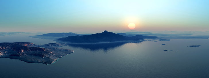 silhouette of island, landscape, multiple display, HD wallpaper
