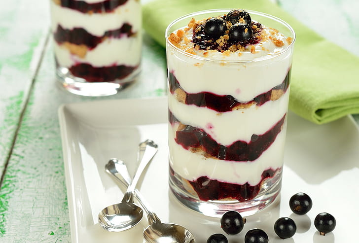 Dessert cream, kremanki, blueberries, dessert, cream, HD wallpaper