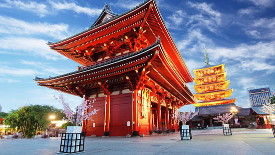 budist tapınağı, simgesel yapı, japon mimarisi, tapınak, budist, bina, budizm, ibadet yeri, gökyüzü, japonya, asakusa, kırmızı tapınak, sensoji ji, HD masaüstü duvar kağıdı HD wallpaper