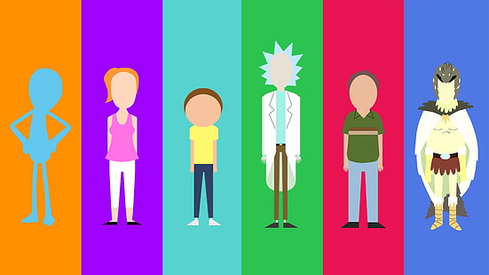 Rick and Morty characters, Rick and Morty, minimalism, cartoon, Rick Sanchez, Morty Smith, Bird Person, Jerry Smith, Summer Smith, Mr. Meeseeks, HD wallpaper HD wallpaper