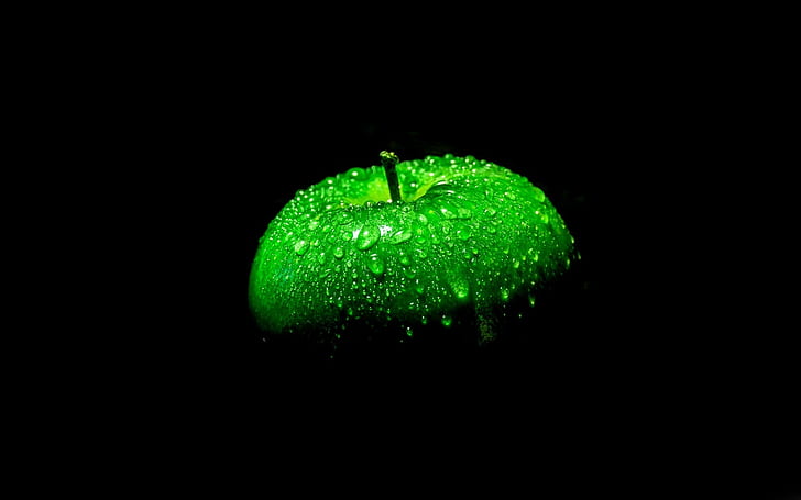 Зеленое яблоко, черный фон, Зеленый, Яблоко, Черный, Фон, HD обои