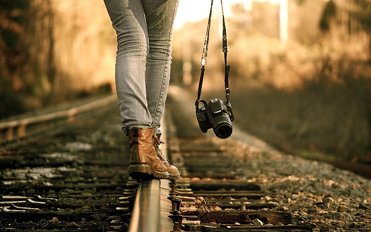 women, camera, railway, Canon, women outdoors, photographer, railroad track, HD wallpaper