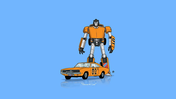 żółty robot i coupe animowana ilustracja, samochód, transformatory, minimalizm, Tapety HD