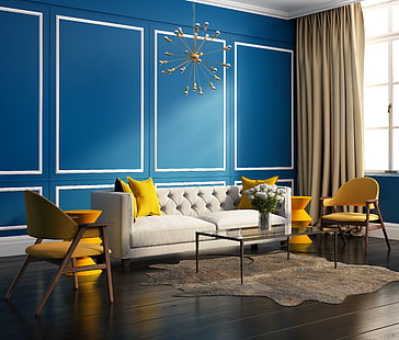 тафтинговый белый 2-х местный диван, комната, диван, стулья, интерьер, подушка, окно, яркие цвета, HD обои HD wallpaper