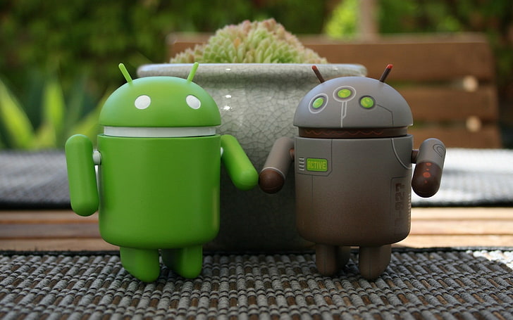 две черно-зеленые игрушки-роботы для Android, Android, красный, зеленый, ОС, коврик, HD обои