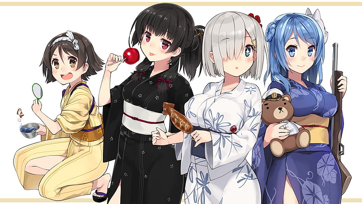 Grafika wektorowa czterech kobiecych postaci z anime, dziewczyny z anime, kimono, kolekcja Kantai, japońskie ubrania, Hamakaze (KanColle), Isokaze (KanColle), Tanikaze (KanColle), Urakaze (KanColle), Tapety HD