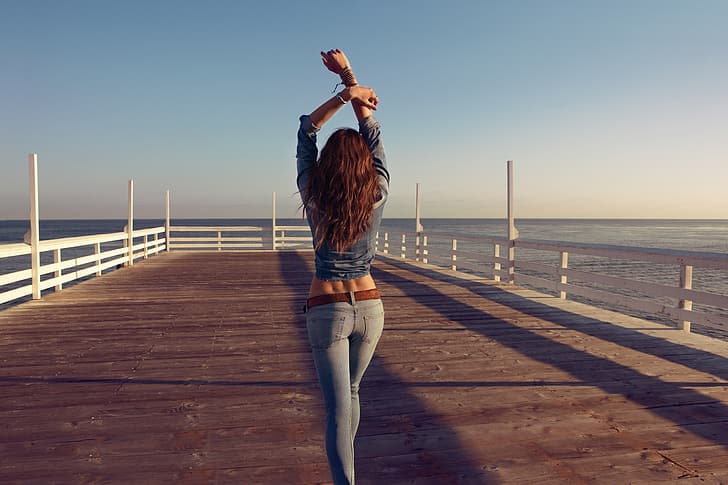 sea, the sky, girl, mood, model, hair, pier, Catrinel Menghia, rear view, back, ass, jeans, Photographer Camilla Akrans, HD wallpaper