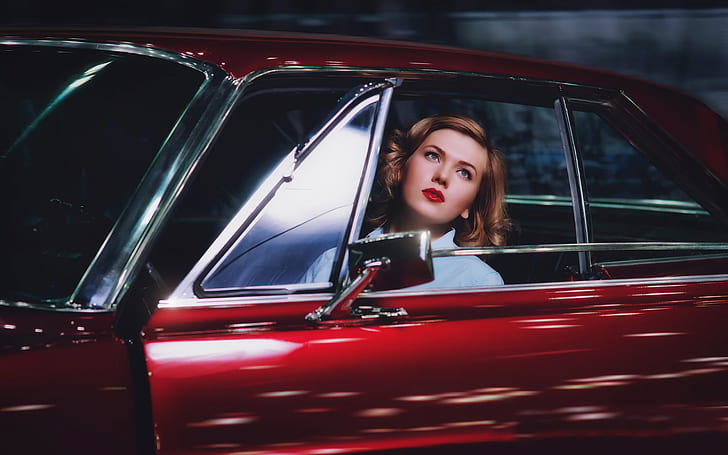 women, car, lipstick, women with cars, model, vehicle, vintage, Vintage car, HD wallpaper