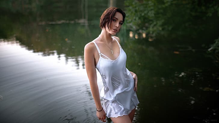 forest, look, trees, nature, sexy, pose, river, model, portrait, wet, makeup, figure, negligee, hairstyle, brown hair, is, in white, in the water, bokeh, Valery, Alexey Yuriev, Alexey Yuryev, HD wallpaper