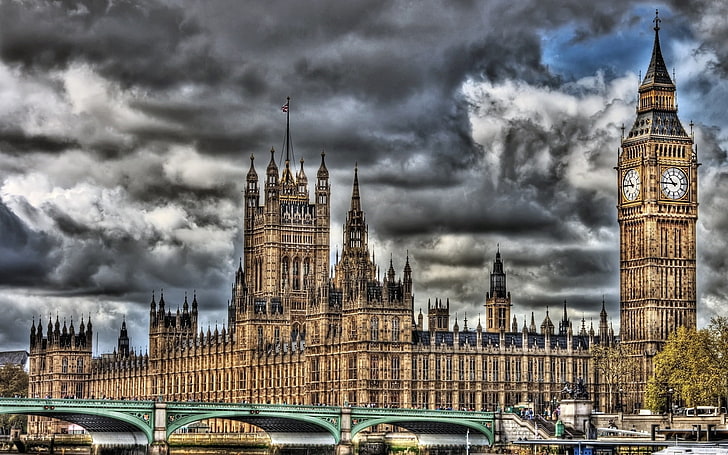 Elizabeth Tower, Londres, el palacio de Westminster, el parlamento, las casas del parlamento, Londres, Inglaterra, Big Ben, reloj, río, Támesis, puente, HDR, Fondo de pantalla HD
