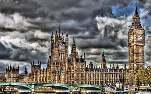Elizabeth Tower, Londres, el palacio de Westminster, el parlamento, las casas del parlamento, Londres, Inglaterra, Big Ben, reloj, río, Támesis, puente, HDR, Fondo de pantalla HD HD wallpaper