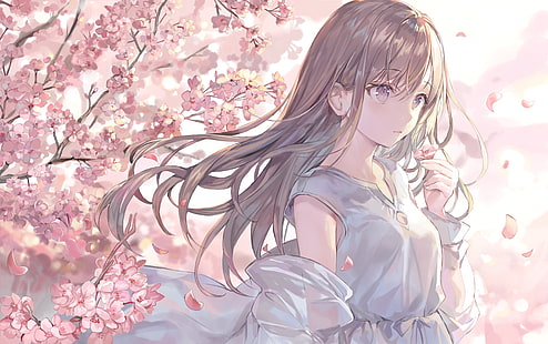 Anime, original, cabello castaño, flor de cerezo, cabello largo, Fondo de pantalla HD HD wallpaper