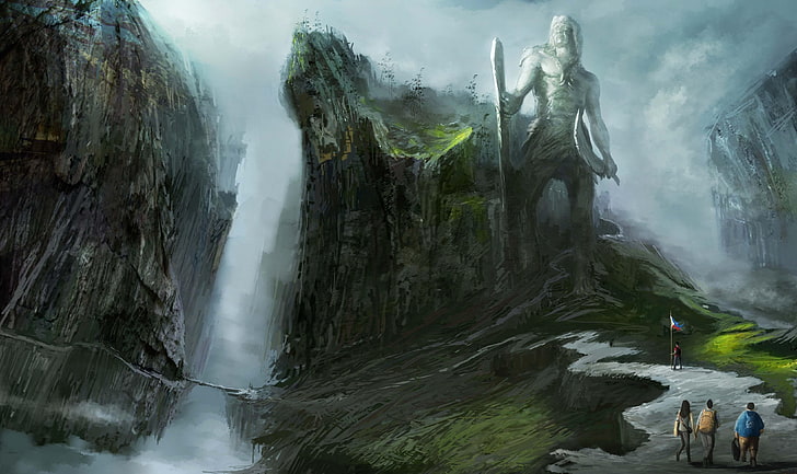 Ilustración de estatua masculina, personas, turistas, rocas, cascadas, camino, estatua, Fondo de pantalla HD