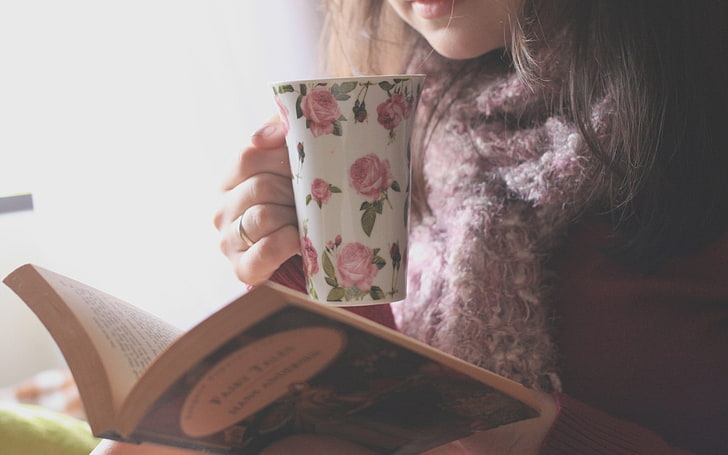 white and pink floral mug, hand, girls, cup, coffee, book, mood, HD wallpaper