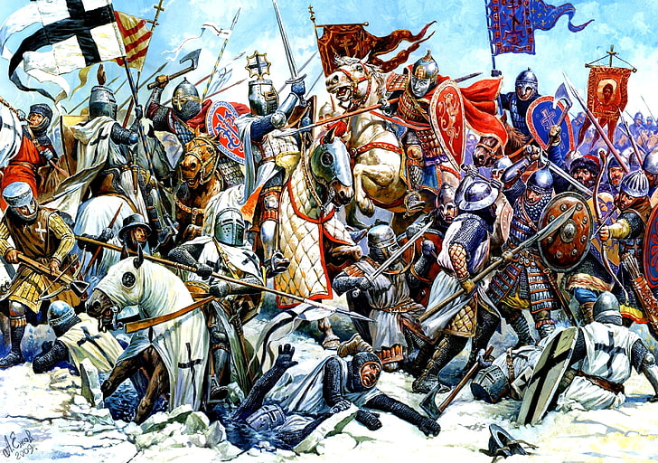 戦争絵画、水、図、氷、鎧、馬、剣、騎士、盾、axes、ドイツ人、槍、旗、自警団、クリート、1242年4月5日、ペイプス湖の戦い、ルシチ、結石、氷、ペナント、 HDデスクトップの壁紙