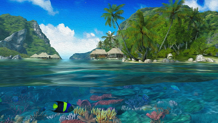 naturaleza, submarino, zonas tropicales, palmeras, pintura, arte de la pintura, mar, islote, paisaje, agua, paisaje tropical, laguna, cielo, Fondo de pantalla HD
