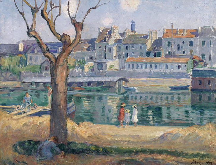 river, people, tree, home, picture, the urban landscape, Henri Lebacq, View of the Quay of Pamponne, Lagny, HD wallpaper