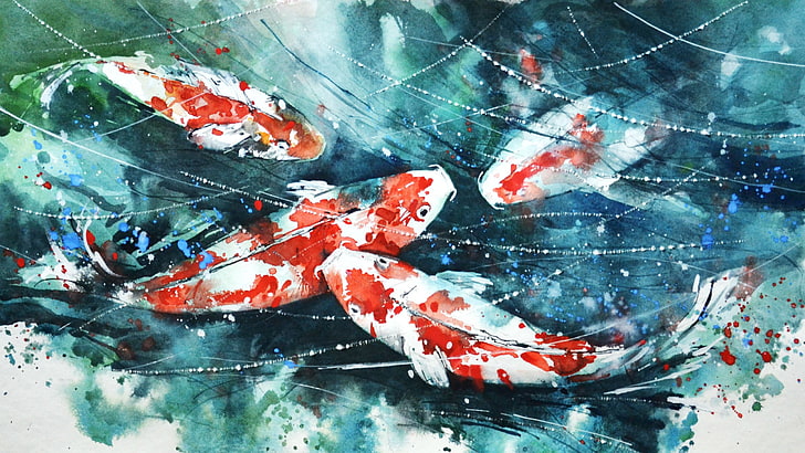 sekolah lukisan ikan koi, koi, lukisan, cat air, ikan, karya seni, cat splatter, Wallpaper HD