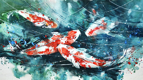 sekolah lukisan ikan koi, koi, lukisan, cat air, ikan, karya seni, cat splatter, Wallpaper HD HD wallpaper