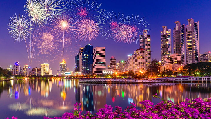 urban area, asia, thailand, bangkok, celebration, night, downtown, skyscraper, sky, metropolitan area, skyline, landmark, metropolis, fireworks, city, reflection, cityscape, HD wallpaper