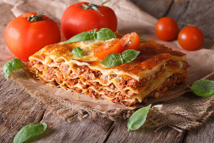 Nourriture, lasagne, repas, pâtes, tomates, Fond d'écran HD