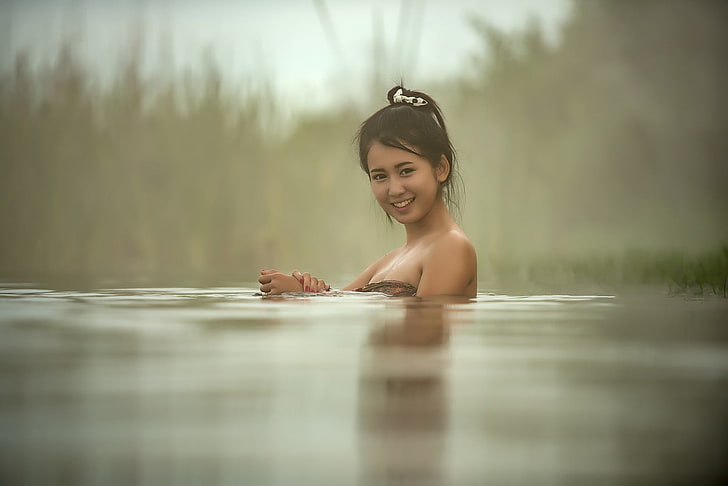الآسيوي، صورة، نساء، تايلاند، امرأة سمراء، باسم، ماء، نظر بعيدا، خلفية HD