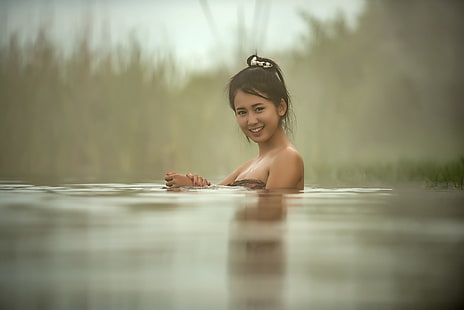 Азиатка, портрет, женщины, Таиланд, брюнетка, улыбается, вода, смотрит в сторону, HD обои HD wallpaper