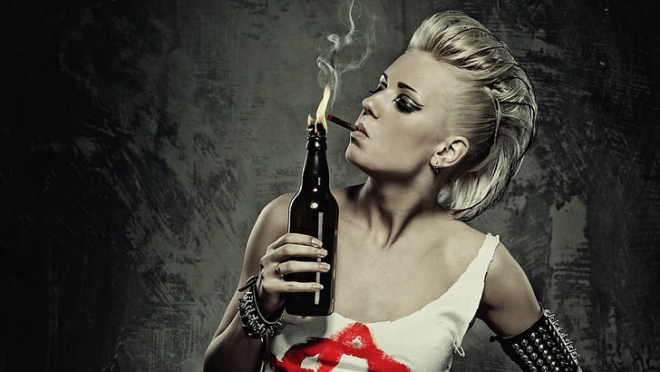 punk, Molotov, women, blonde, bottles, smoke, cigarettes, people, smoking, HD wallpaper
