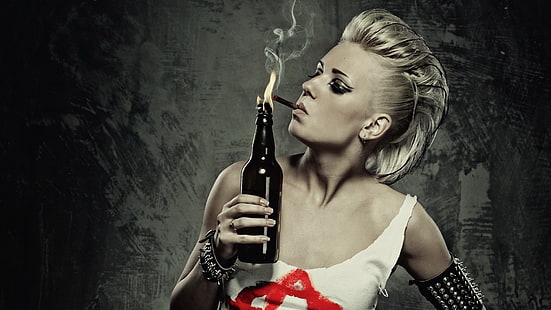 punk, Molotov, donne, bionde, bottiglie, fumo, sigarette, persone, fumo, Sfondo HD HD wallpaper