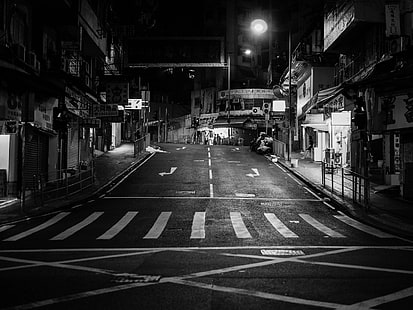 road at night grayscale photo, monochrome, street, urban, night, HD wallpaper HD wallpaper