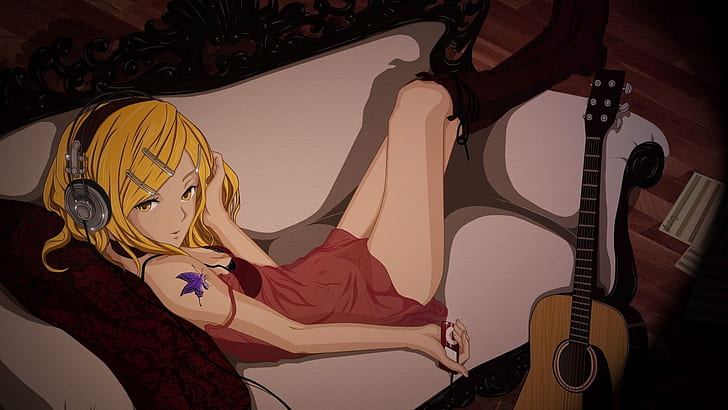 headphones tattoos couch music butterfly ipod cleavage fantasy art guitars listening anime girls Abstract Fantasy HD Art , headphones, tattoos, HD wallpaper