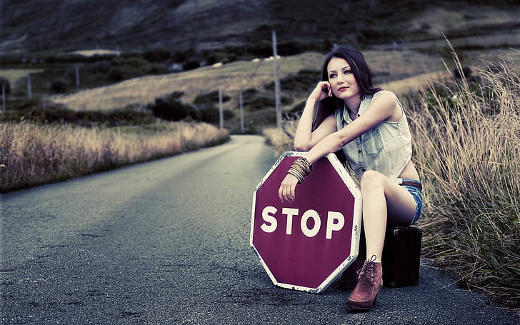 Hitchhiking girl, red and white stop signage, girls, 1920x1200, woman, hitchhike, HD wallpaper