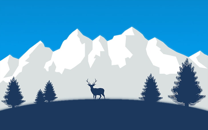 karlı dağ çizimde geyik, kar, geyik, dağlar, ağaçlar, HD masaüstü duvar kağıdı