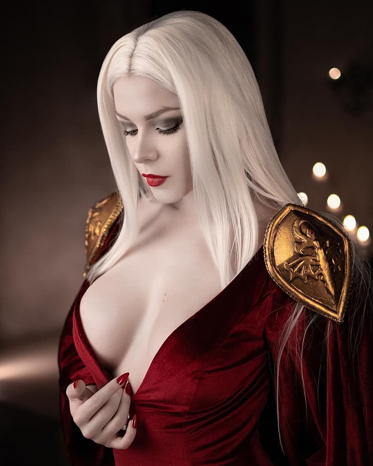 Irina Meier, model, cosplay, Carmilla, Castlevania (anime), red nails, pale, red lipstick, cleavage, shoulder pads, looking below, white hair, HD wallpaper