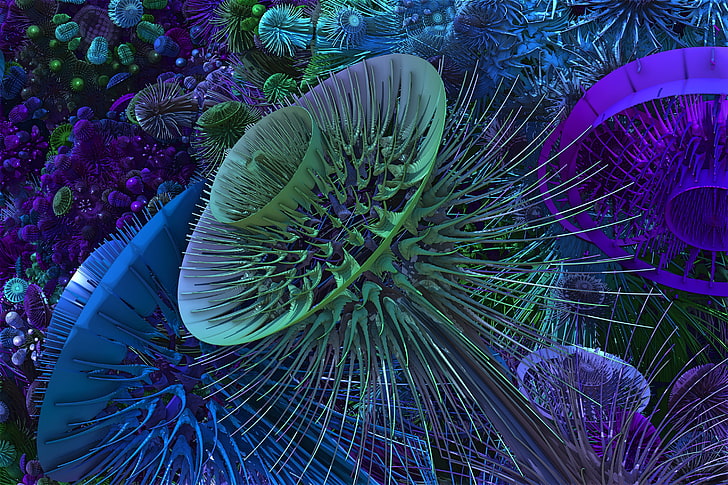 zielona i fioletowa tapeta meduzy, światło, kolor, wzór, objętość, 3d, struktura, kwiat, Tapety HD