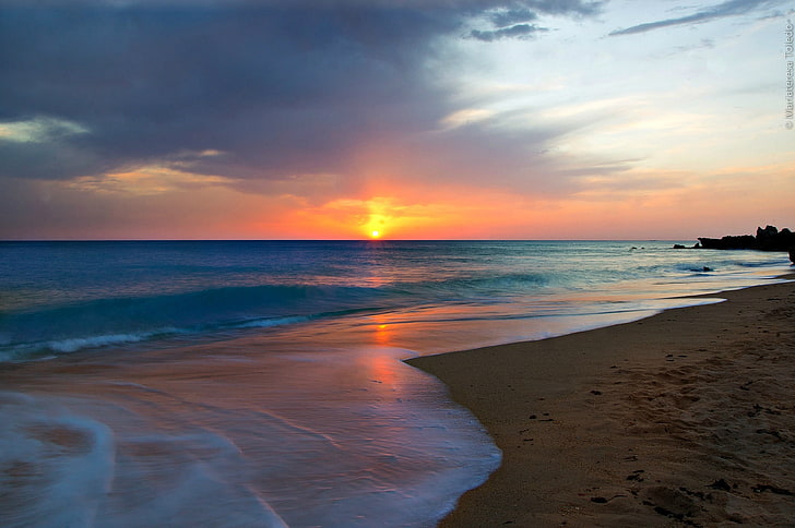 body of water, sea, beach, the sun, dawn, Andalusian, HD wallpaper