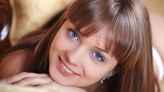 donna capelli castani, modella, donne, occhi azzurri, viso, Sfondo HD HD wallpaper