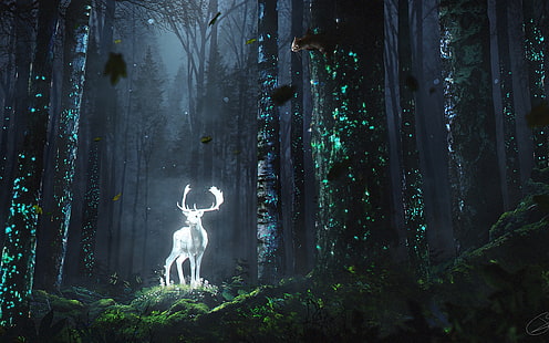  fantasy, forest, horns, trees, digital art, artwork, bright, fantasy art, chipmunk, Deer, undergrowth, HD wallpaper HD wallpaper