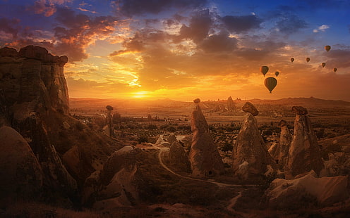 Schluchten, Schlucht, Kappadokien, Erde, Heißluftballon, Landschaft, Felsen, Türkei, HD-Hintergrundbild HD wallpaper