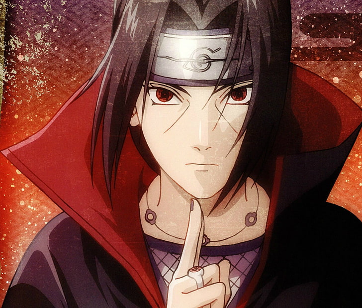 Ilustracja Uchiha HItachi, portret, opaska na głowę, Naruto, czerwone oczy, pierścionek, sharingan, Akatsuki, Itachi uchiha, Tapety HD