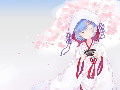 Anime, Anime Girls, weiße Haut, Rem, Rem (Re: Zero), Re: Zero Kara Hajimeru Isekai Seikatsu, weißes, blaues Haar, Yukata, einfacher Hintergrund, Fankunst, HD-Hintergrundbild HD wallpaper