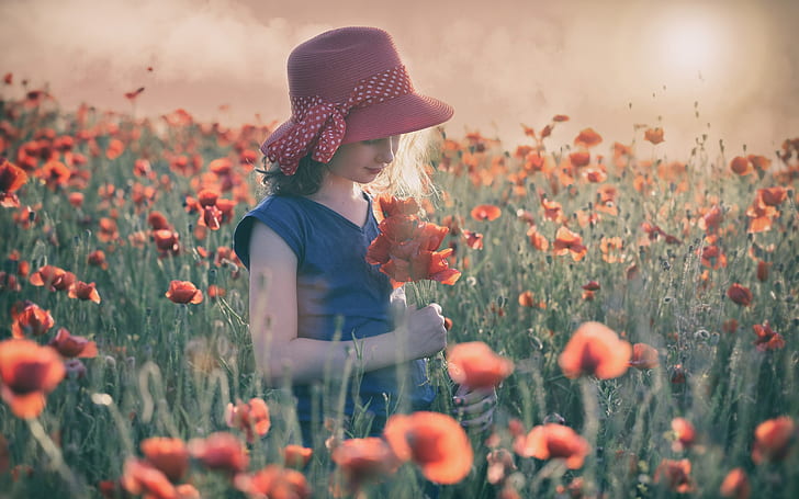 summer, the sun, flowers, mood, Maki, meadow, girl, hat, poppy field, HD wallpaper