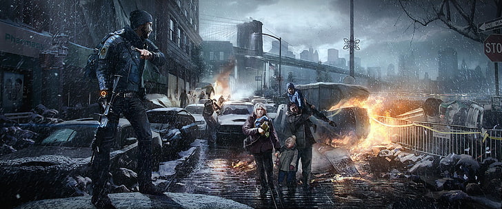 Hombre sujetando la ilustración del rifle, Tom Clancy's The Division, apocalíptico, videojuegos, Fondo de pantalla HD