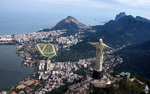 Христос Изкупителят, Рио де Жанейро, Рио де Жанейро, Бразилия, град, океан, HD тапет HD wallpaper