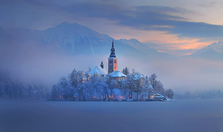 winter, mountains, fog, lake, island, home, Church, Slovenia, Bled, HD wallpaper