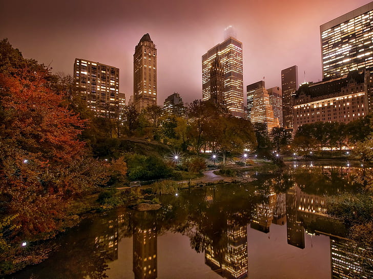 ville, étang, Central Park, New York City, Fond d'écran HD
