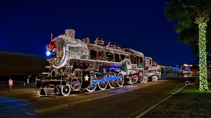 поезд со струнными огнями, поезд, паровоз, рождественские огни, HD обои