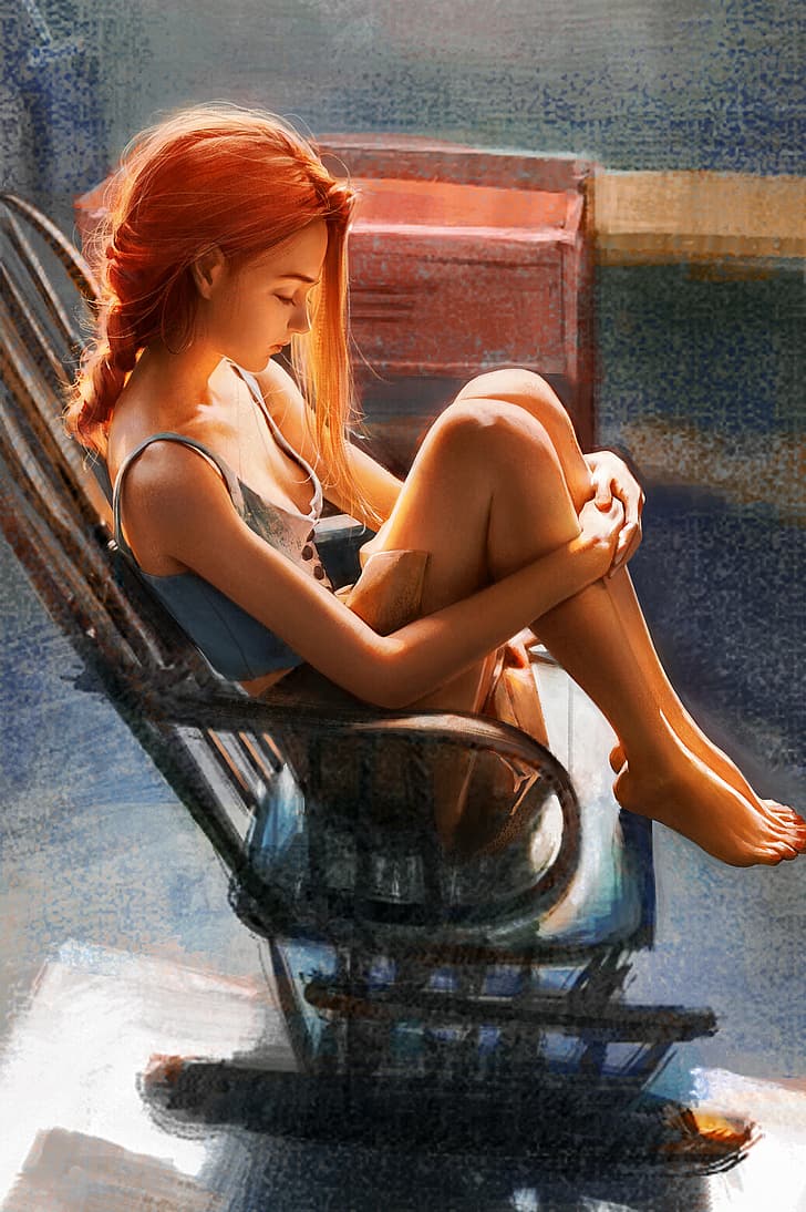 Mu Si, redhead, legs together, holding legs, women, portrait display, chair, legs, sitting, drawing, ArtStation, HD wallpaper